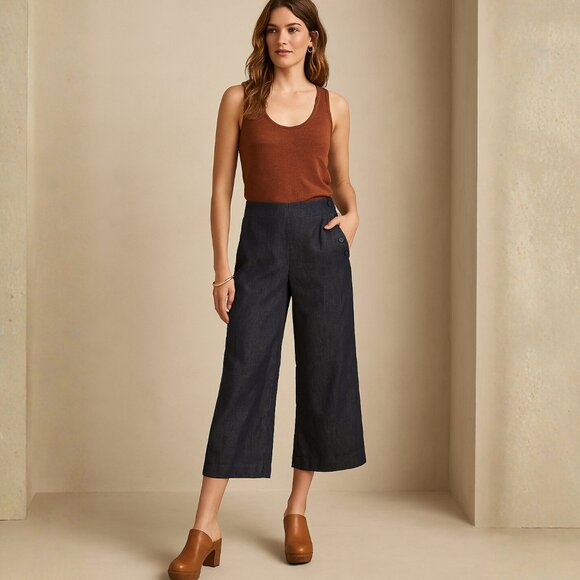 ANTHROPOLOGIE Cartonnier Hana Denim Wide Leg Cropped Pants Culottes Nautical - Picture 1 of 8